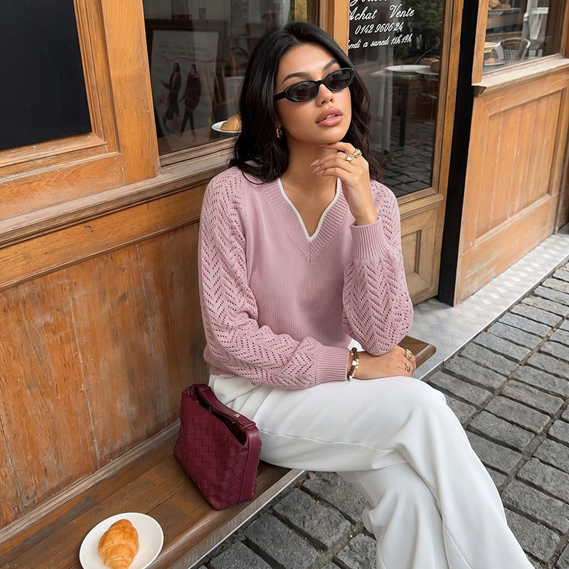 Damen Feinstrickpullover mit tiefem V-Ausschnitt, Ajour‑Ärmeln und geripptem Saum Drune
