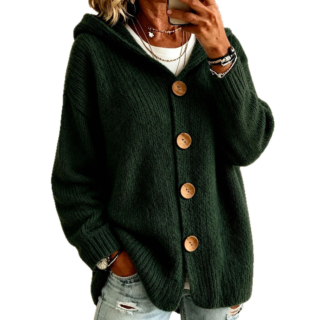 Damen Grobgestrickter Kapuzencardigan mit überlanger Silhouette, Holzknopfleiste und gerippten Bündchen Drune