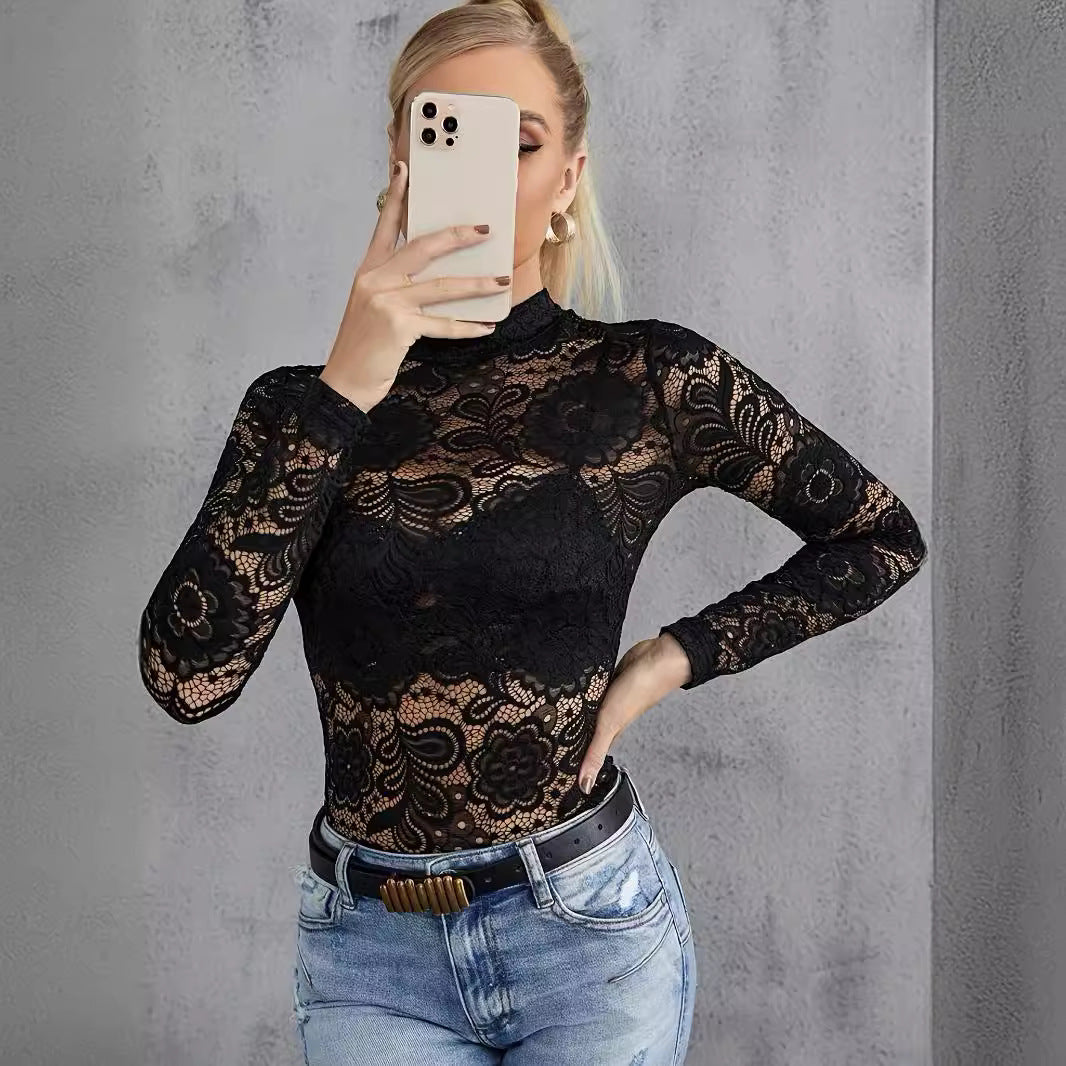 Damen nan figurbetontes Spitzen-Longsleeve mit Stehkragen und floralem Ajour-Muster Drune
