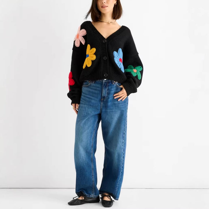 Damen Cardigan mit dreidimensionalen Blumenapplikationen und V-Ausschnitt Drune
