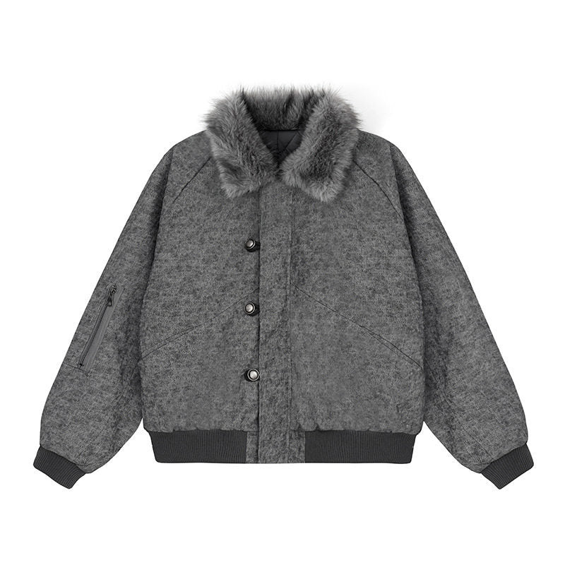 Damen wattierte Bomberjacke mit Kunstfellkragen, oversizeder Silhouette und Ärmel-Reißverschlusstasche Drune