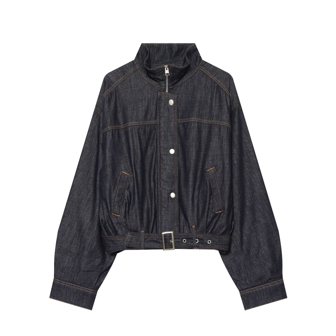 Damen Cropped Jeansjacke mit Stehkragen, Taillengürtel und elastischem Saum Drune