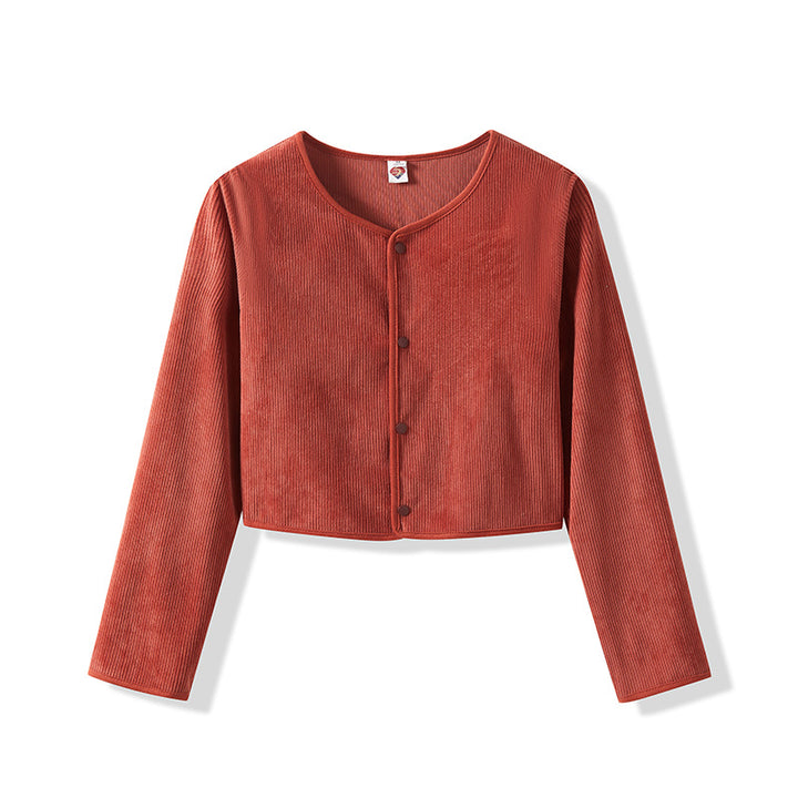 Damen Cropped Rundhals-Cardigan mit Druckknöpfen aus geripptem Strick Drune