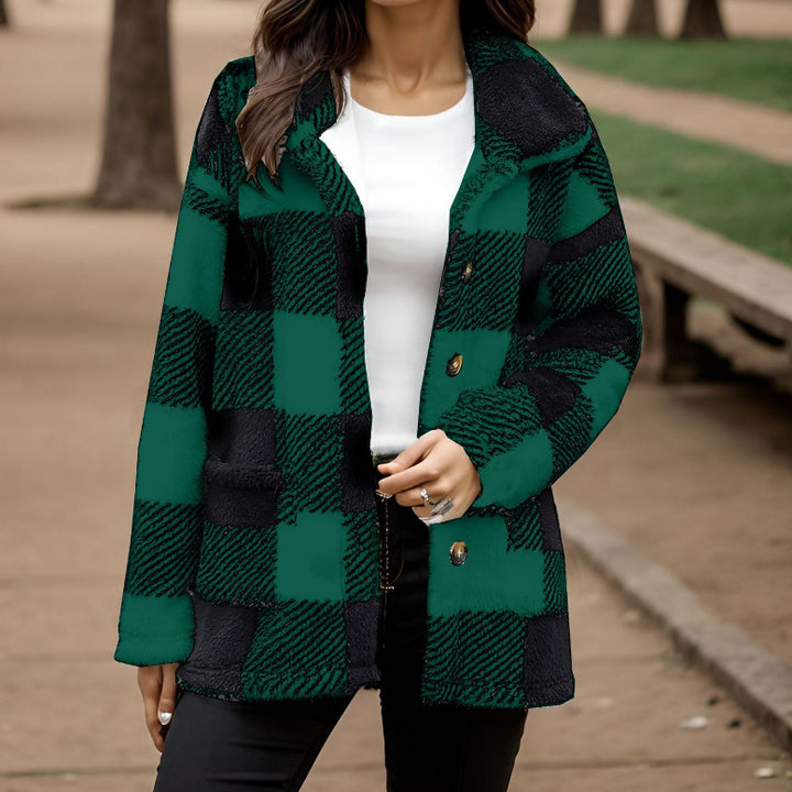 Damen Kuscheljacke mit Karomuster und Knopfverschluss Drune