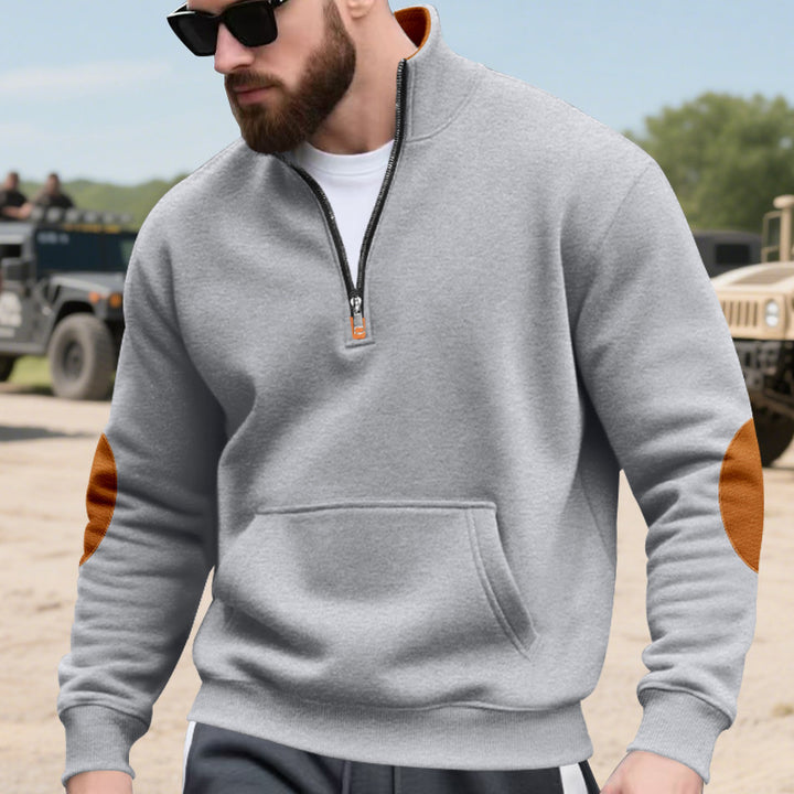 Herren nan Halbzip-Sweatshirt mit Stehkragen, Kängurutasche und kontrastierenden Ellbogenpatches Drune