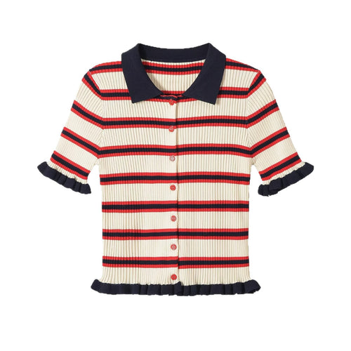Damen Gerippte Kurzarm-Polokragen-Strickjacke mit Volantbündchen Drune