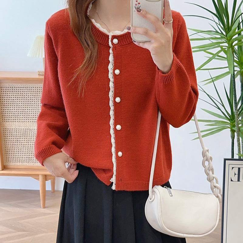 Damen Strickjacke mit Spitze und schönen Perlenknöpfen Drune
