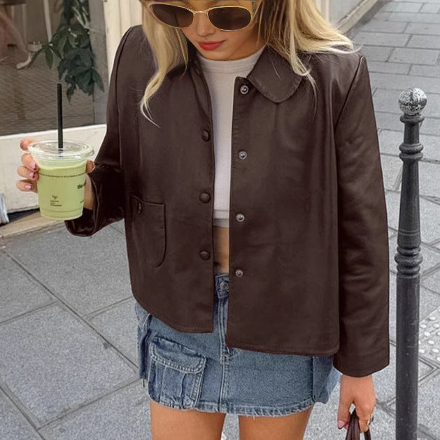 Damen Modische Kunstlederjacke mit praktischen Taschen und elegantem Kragen Drune