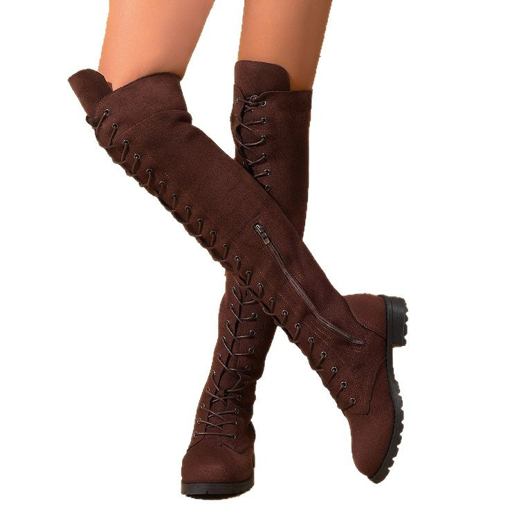 Damen  Overknee-Schnürstiefel mit seitlichem Reißverschluss, dekorativer Schnürung und profiliertem Gummisohle Drune