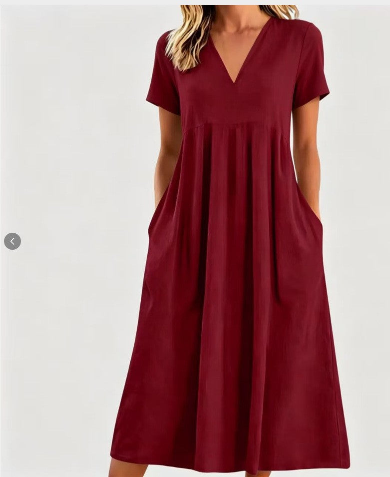Damen nan legeres V-Ausschnitt-Midikleid mit Eingrifftaschen und geraffter Empirenaht Drune