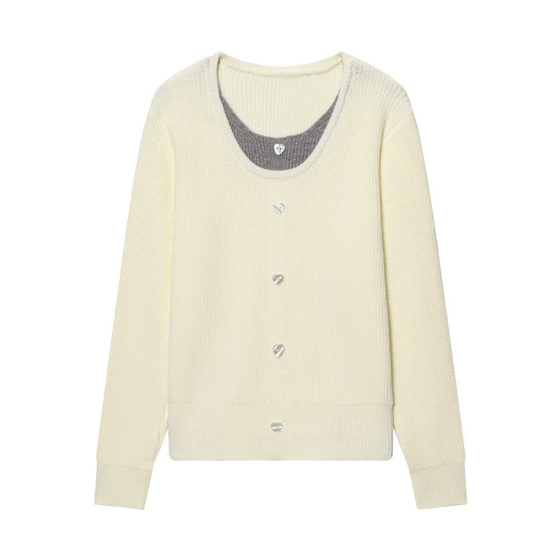 Damen zweilagiger Feinstrick-Cardigan mit integriertem Untertop und Herzknöpfen Drune