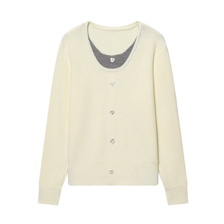 Damen zweilagiger Feinstrick-Cardigan mit integriertem Untertop und Herzknöpfen Drune