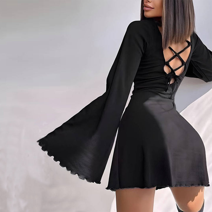 Damen A-Linien Minikleid mit ausgestellten Trompetenärmeln und taillierter Silhouette Drune