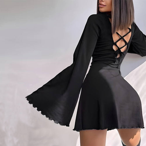 Damen A-Linien Minikleid mit ausgestellten Trompetenärmeln und taillierter Silhouette Drune