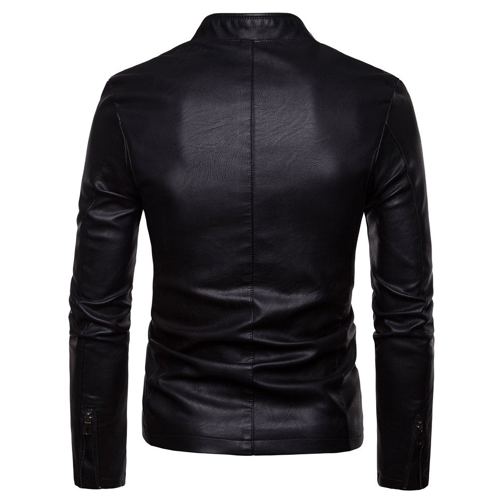 Herren Slim-Fit Kunstlederjacke im Bikerstil mit Stehkragen und Frontreißverschluss Drune
