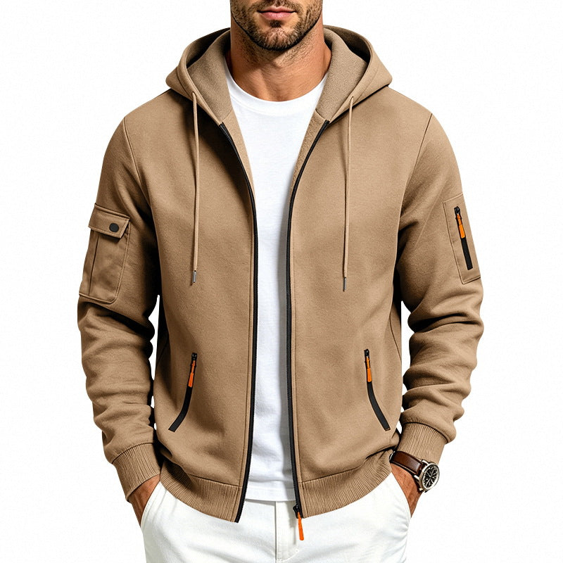 Herren Kapuzen-Reißverschlussjacke mit Ärmeltaschen, Kontrast-Zipper und Rippbündchen Drune
