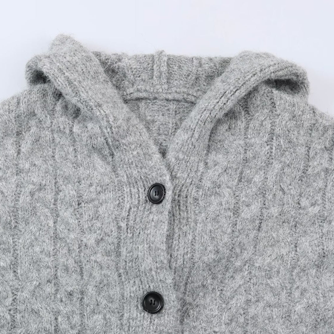 Damen Langgestrickter Kapuzen-Cardigan mit Zopfmuster und Knopfleiste Drune