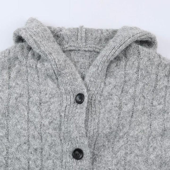 Damen Langgestrickter Kapuzen-Cardigan mit Zopfmuster und Knopfleiste Drune