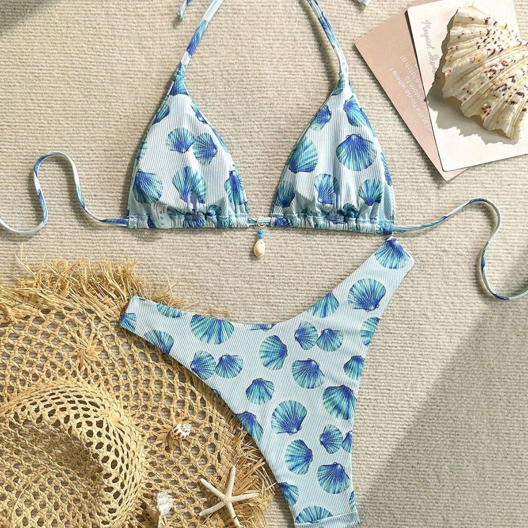 Damen Triangel-Bikini mit Muschel-Print und zarten Rüschendetails Drune