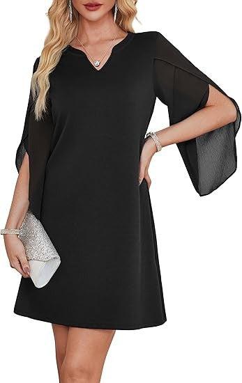 Damen V-Ausschnitt Kleid mit transparenten Ärmeln Drune
