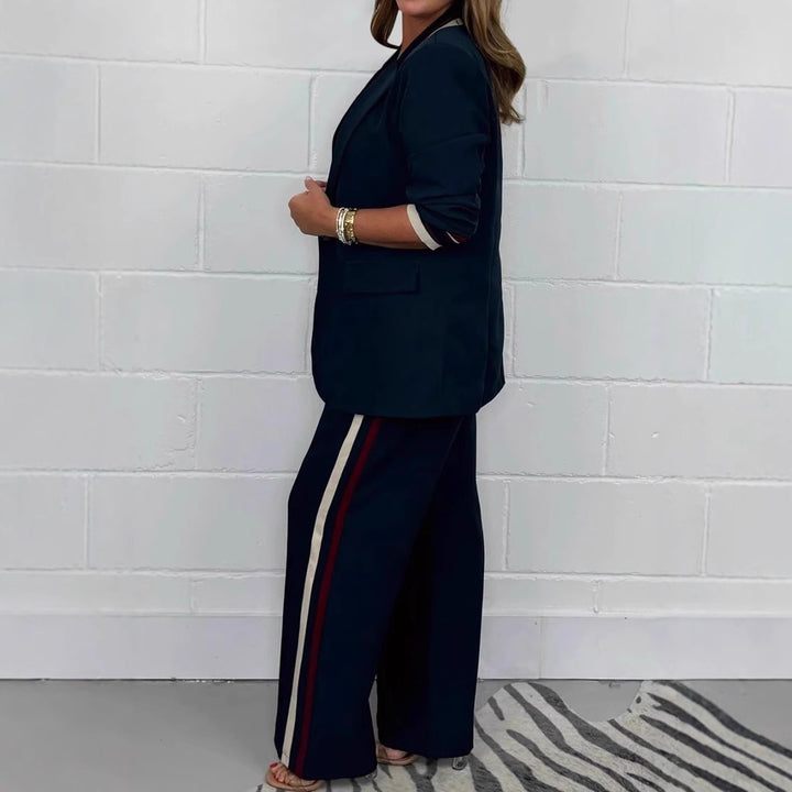 Damen nan tailliertes Longblazer-Hosen-Set mit Bügelfalte, weitem Bein und seitlicher Paspel Drune