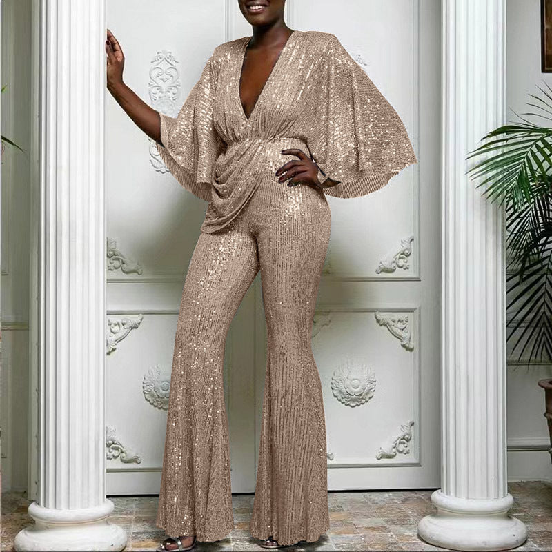 Damen Glitzerndes Jumpsuit mit weiterem Ärmel und tiefem V-Ausschnitt Drune