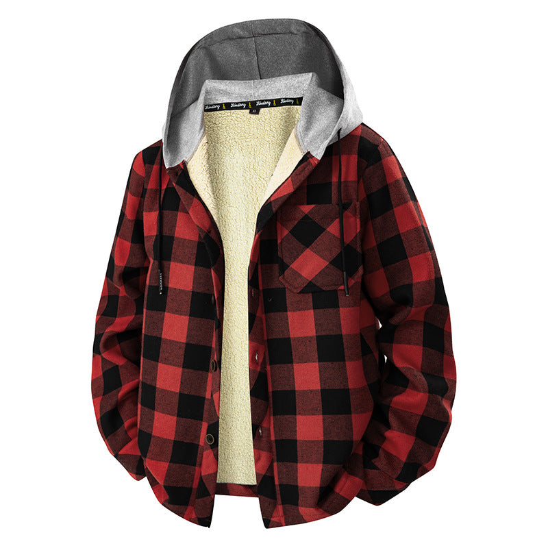 Herren kariertes Sherpa-gefüttertes Overshirt mit Kapuze, Brusttasche und Druckknopfverschluss Drune