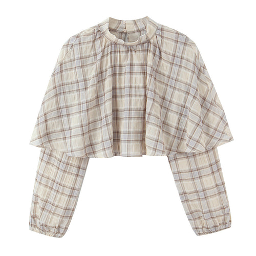 Damen Cropped Blusenoberteil mit Cape-Überwurf und Stehkragen Drune