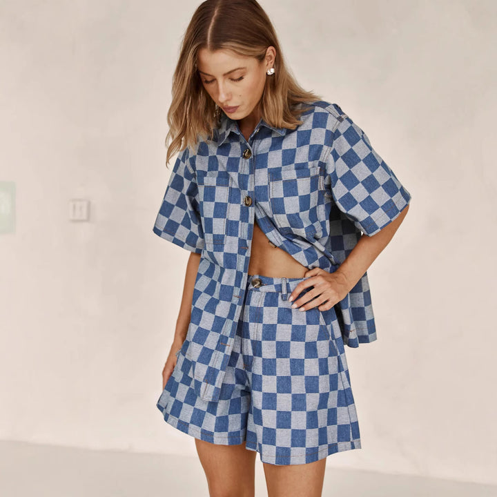Damen Karierter Hemden-Set aus Denim Drune