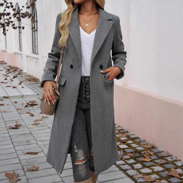 Damen modischer Langmantel mit doppelter Knopfleiste und Taschen Drune