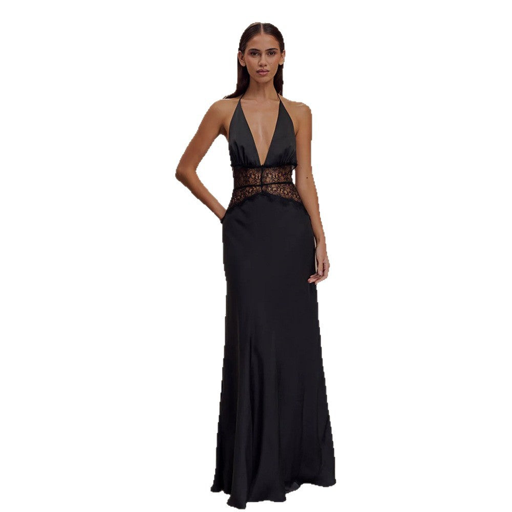 Damen Elegantes Maxikleid mit tiefem V-Ausschnitt und zarter Spitzenverzierung Drune