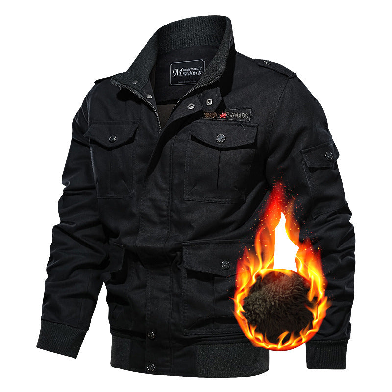 Herren nan winddichte Canvas-Militärjacke mit Teddyfutter, multiplen Klapp- und Reißverschlusstaschen sowie geripptem Saum Drune