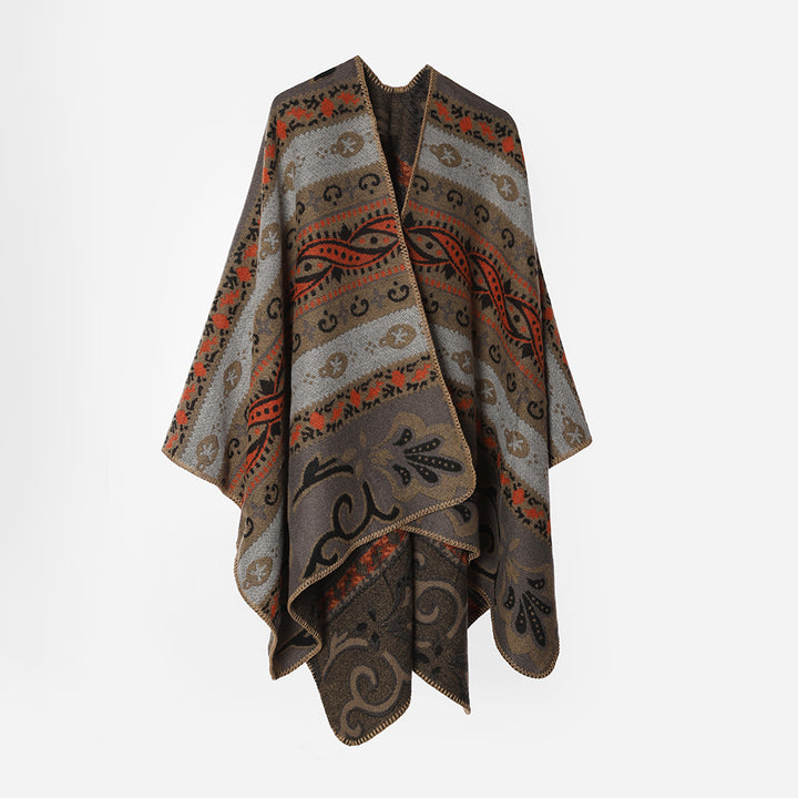 Damen Wohlfühl-Cape mit folklorem Jacquardmuster, offener Front und kontrastierter Kettelnaht Drune