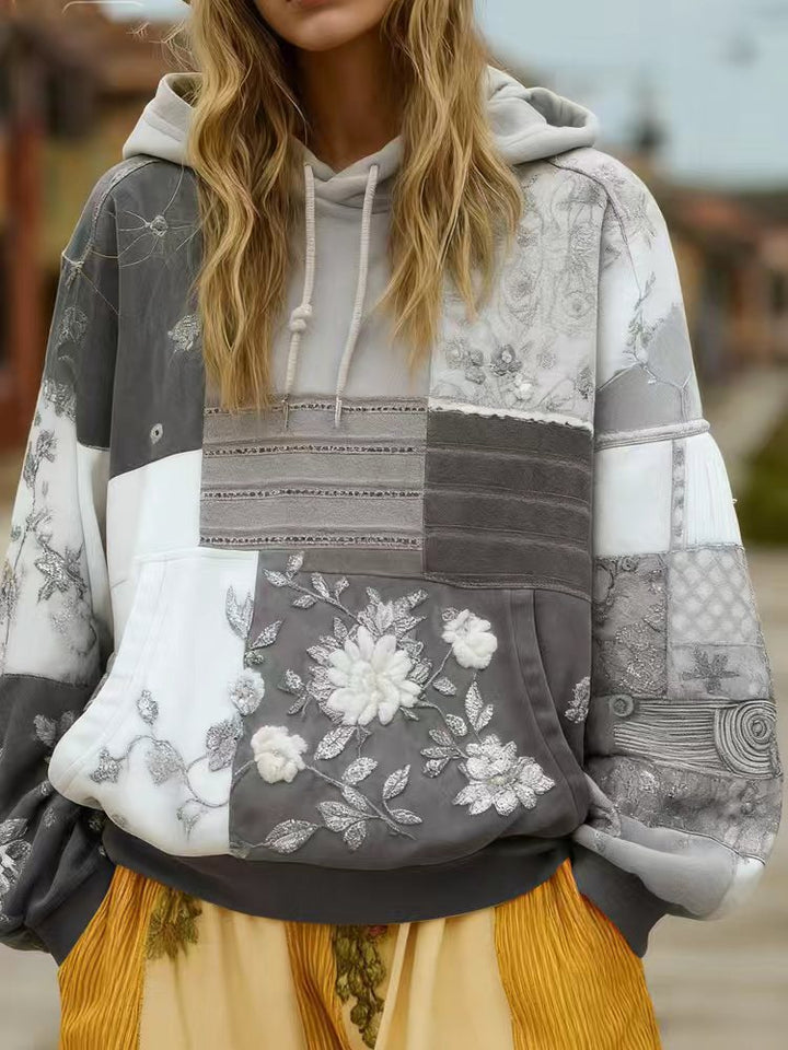 Damen Bestickter Patchwork-Kapuzenpullover mit Blumenapplikation und Kängurutasche Drune