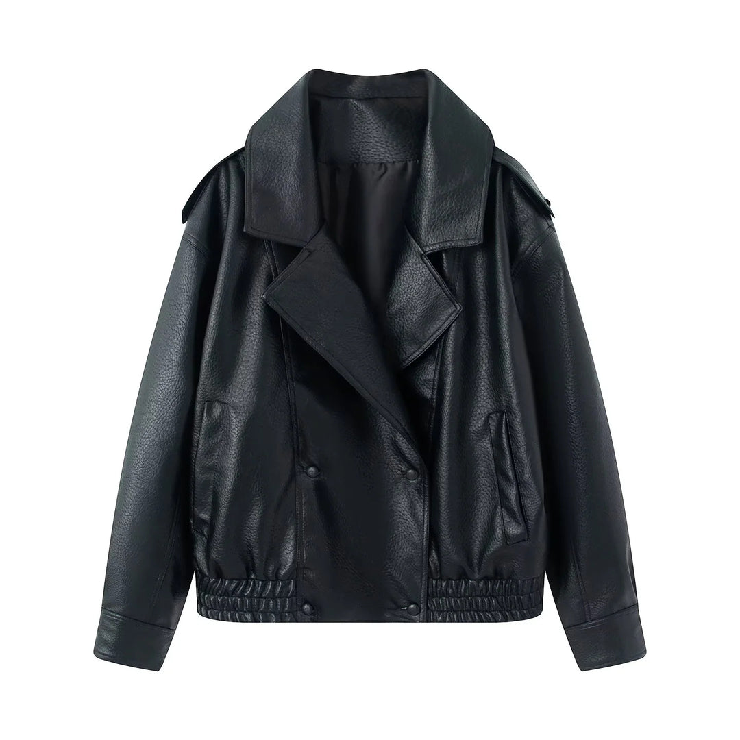 Damen nan cropped zweireihiger Kunstleder-Blouson mit breitem Revers und elastischem Saum Drune