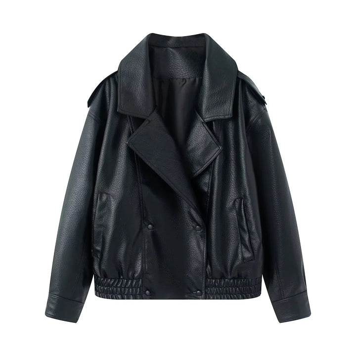 Damen nan cropped zweireihiger Kunstleder-Blouson mit breitem Revers und elastischem Saum Drune