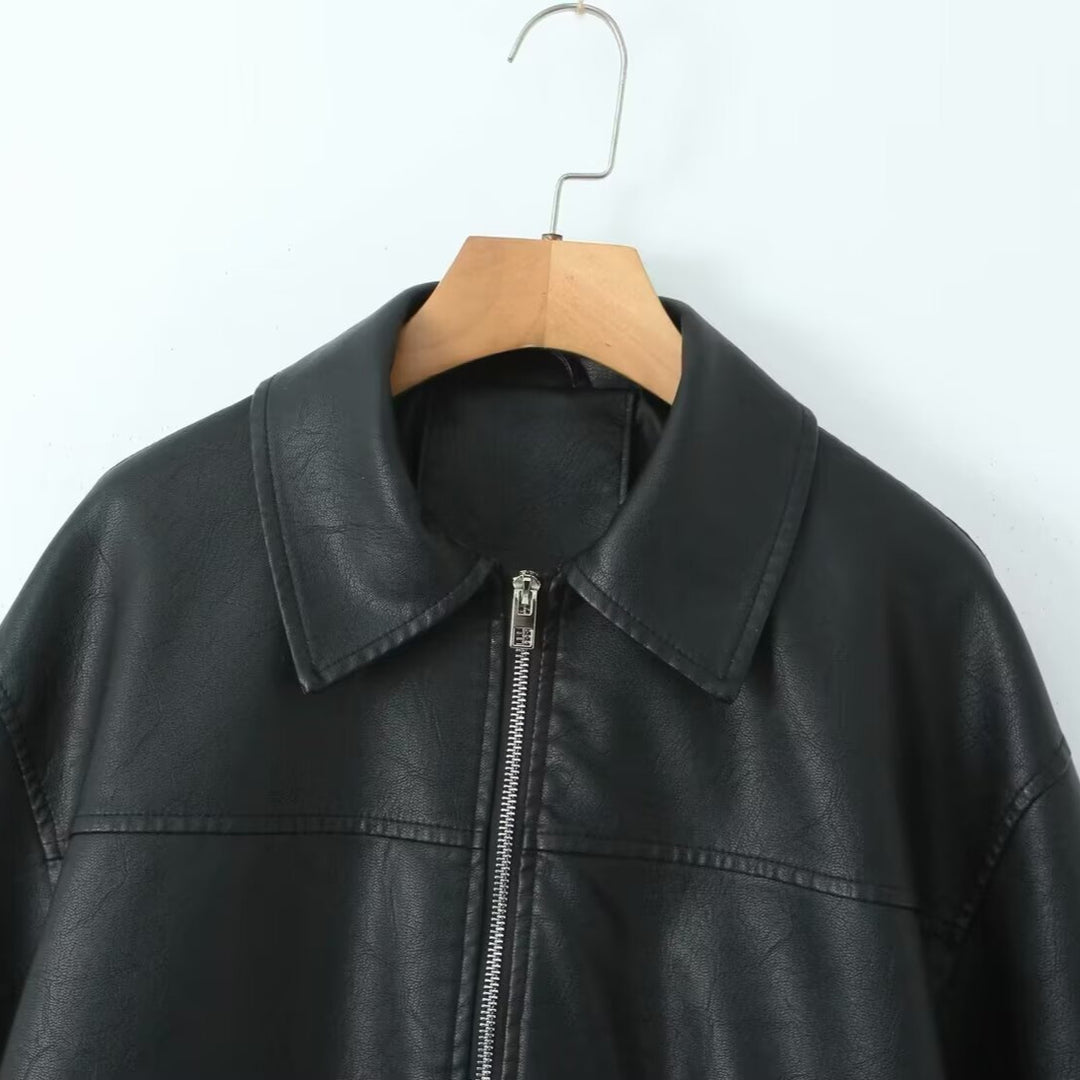 Damen nan oversized Kunstleder-Bomberjacke mit Hemdkragen elastischem Saum und aufgesetzten Pattentaschen Drune