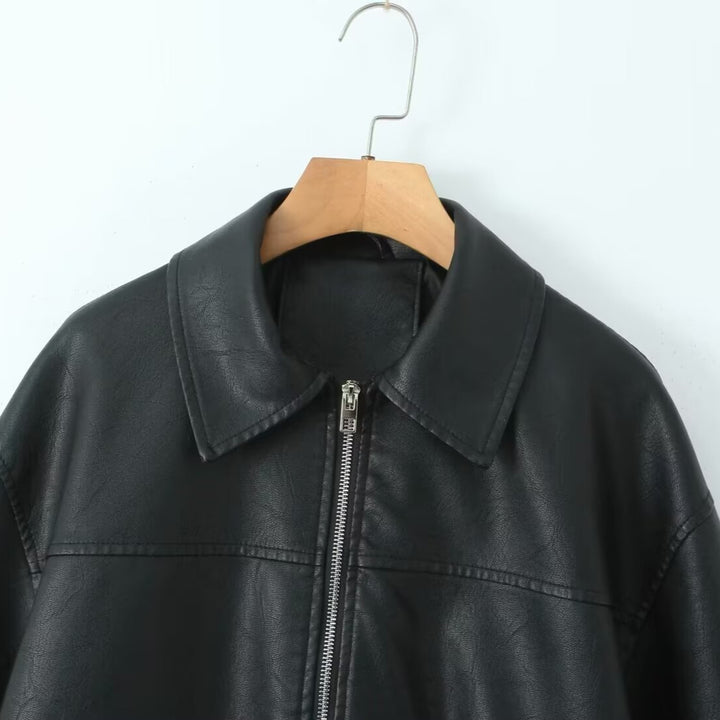 Damen nan oversized Kunstleder-Bomberjacke mit Hemdkragen elastischem Saum und aufgesetzten Pattentaschen Drune