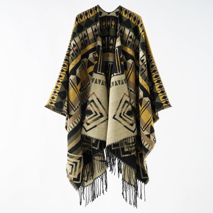 Damen Gewebter Fransenponcho mit Ethno-Jacquard und Oversize-Fall Drune