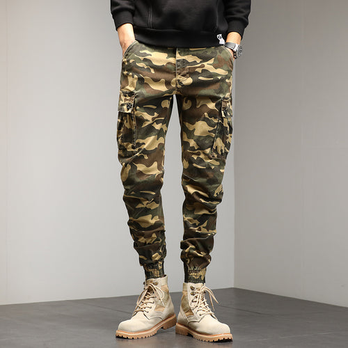 Herren Konisch geschnittene Utility-Cargohose im Camouflage-Joggerstil mit elastischem Bund und gerippten Bündchen Drune