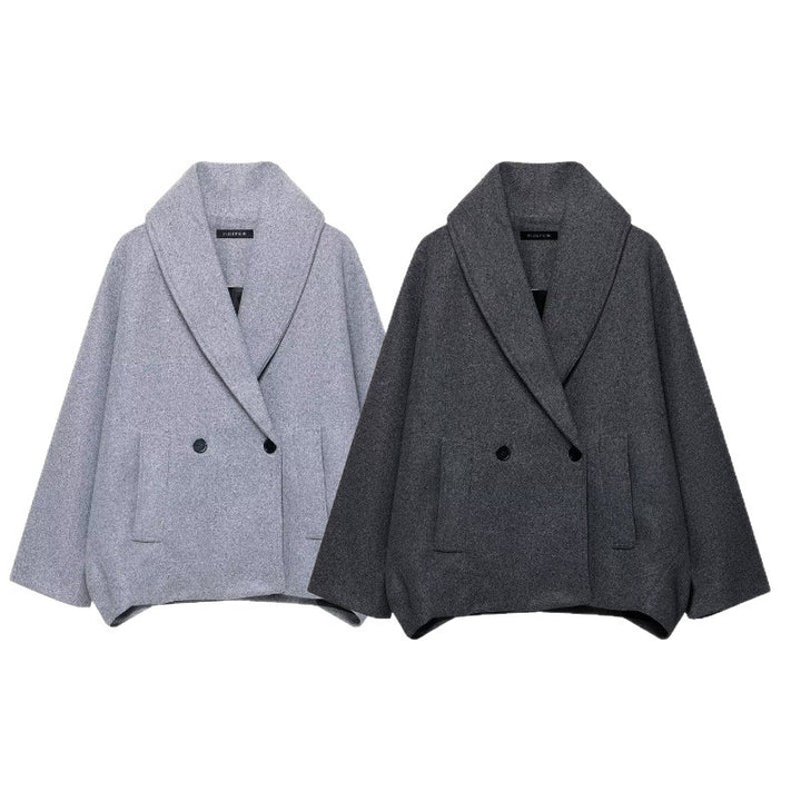 Damen Boxy-Wollmix-Cape-Mantel mit weitem Schalkragen und doppelter Knopfleiste Drune