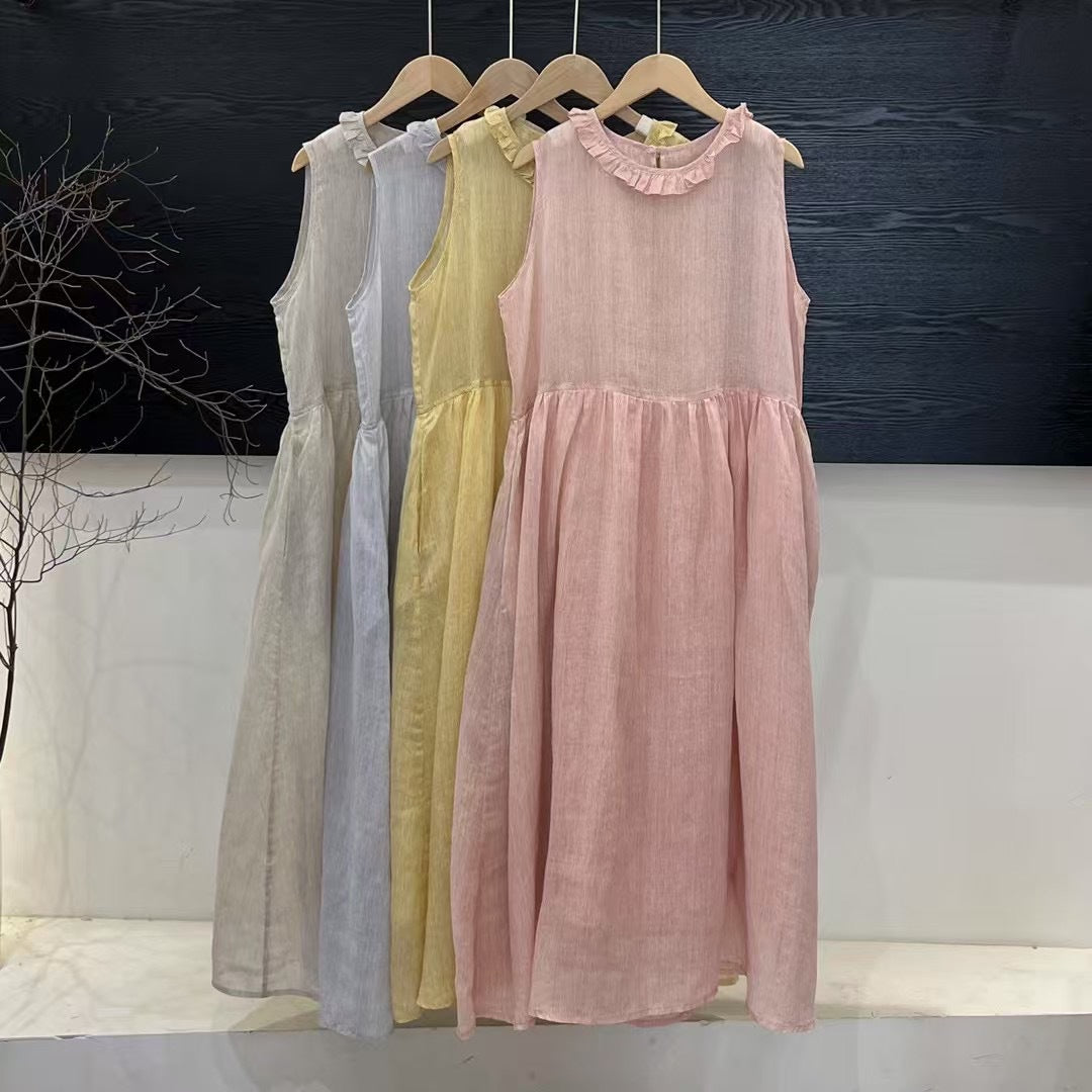 Damen Relaxed Fit Rüsch-Leinen-Maxi-Kleid Drune