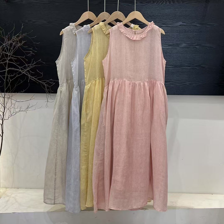 Damen Relaxed Fit Rüsch-Leinen-Maxi-Kleid Drune