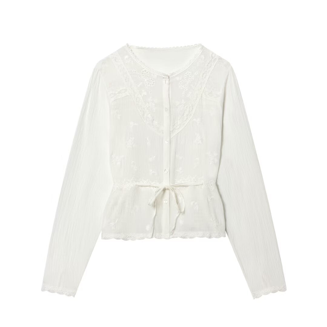 Damen Leichte Stickerei‑Bluse mit Spitzenkragen, Bindeband‑Taillierung und Knopfleiste Drune
