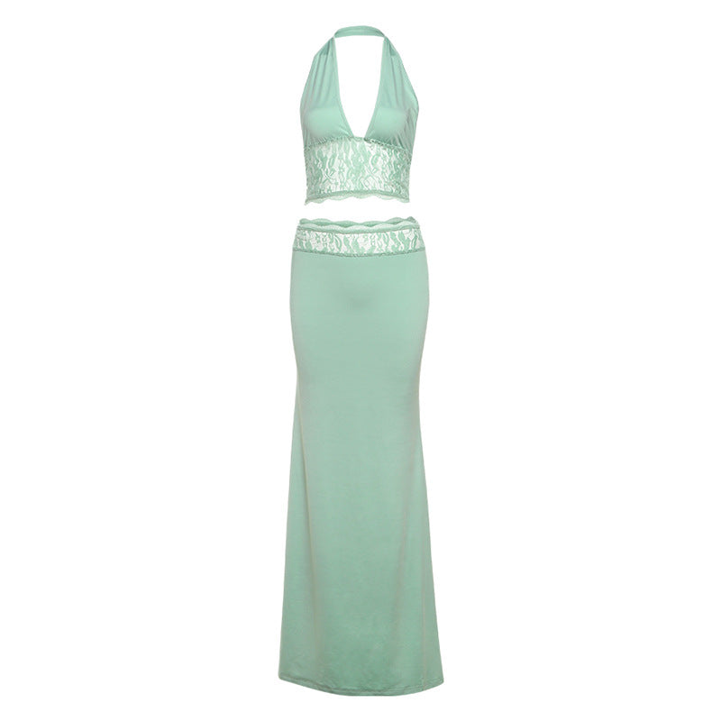 Damen Langer Sommerrock mit tiefem V-Ausschnitt und eleganter Spitzenapplikation Drune