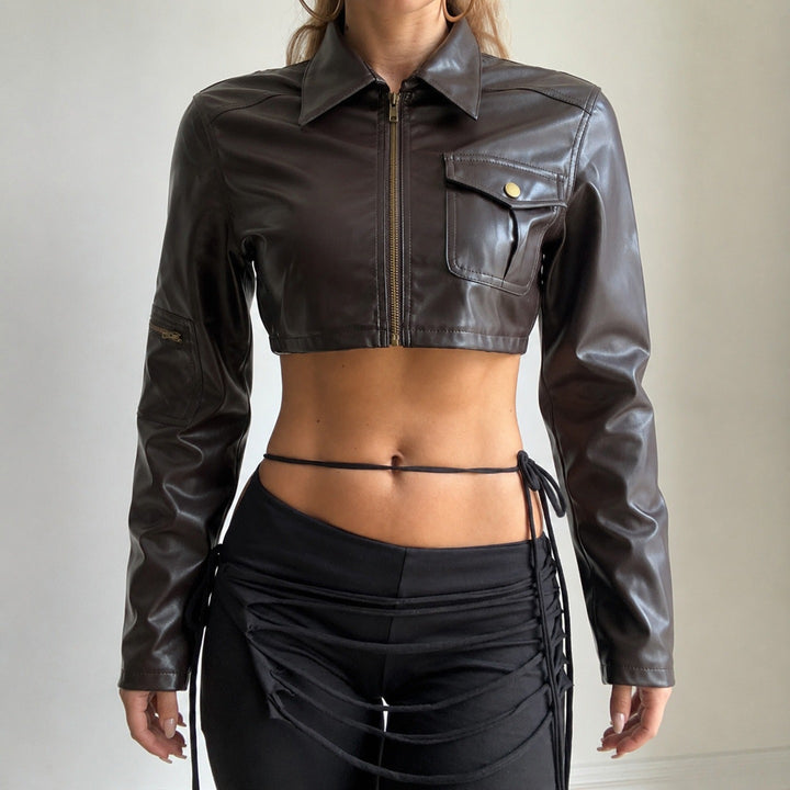 Damen Kurzgeschnittene Lederjacke im Bikerstil mit Hemdkragen und aufgesetzter Brusttasche Drune
