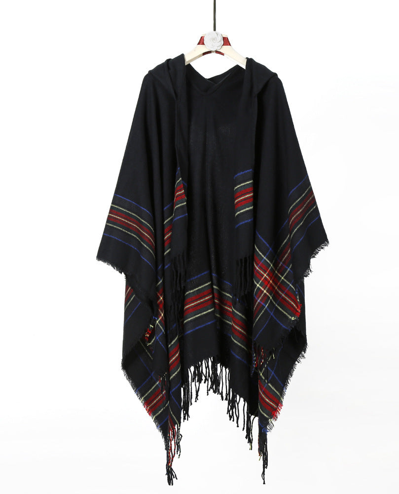 Damen Kapuzen‑Capeponcho im Tartanmuster mit Fransensaum aus weichem Wollmix Drune