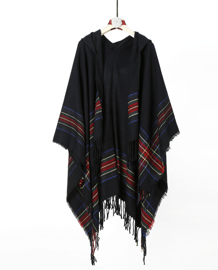Damen Kapuzen‑Capeponcho im Tartanmuster mit Fransensaum aus weichem Wollmix Drune