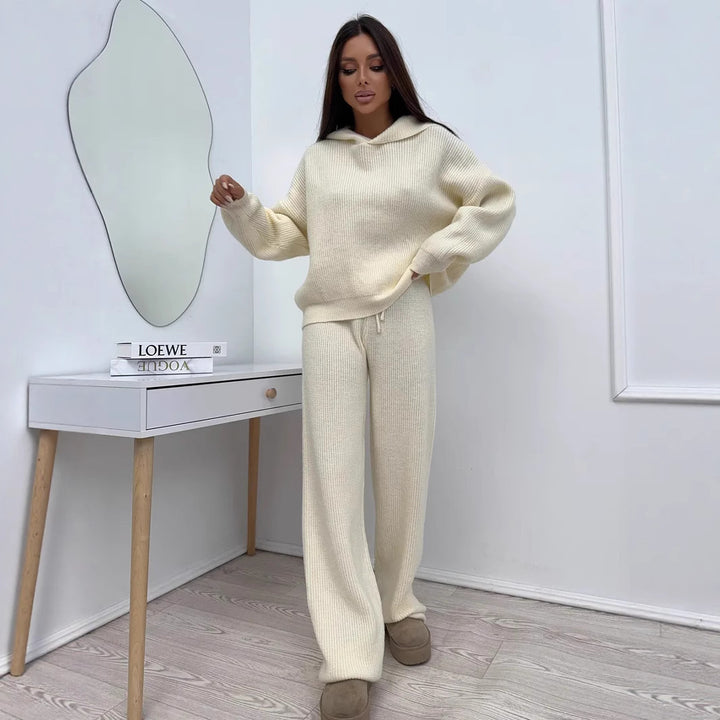 Damen elegantes kaschmirähnliches Strick-Set mit asymmetrischem Wasserfallkragen und fließender Palazzo-Strickhose Drune
