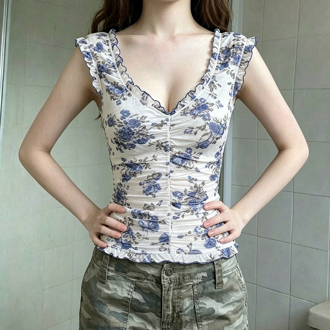 Damen Elegantes Spitzenoberteil mit floralen Akzenten und Rüschen Drune